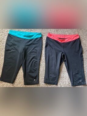 Champion Power Flex Black Capri Leggings with Teal or Coral Waistband
